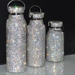 Silver Rhinestone Stainless Steel Insulated Thermos with Detachable Chain